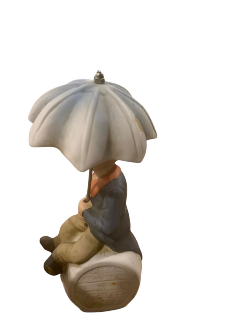 Vintage 1970s Clown Sitting on Barrel Holding Umbrella 8" Porcelain Figurine