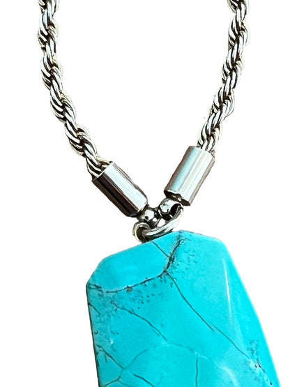 Faux Turquoise Lariat Tassle Necklace Silvertone Rope Chain 31" Long Plus 5" Drop of Tassle