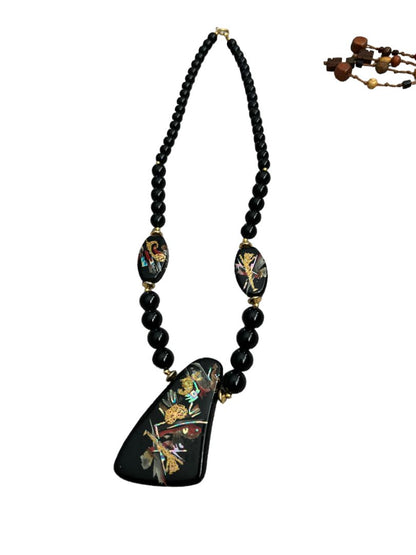 Handpainted Black Lacquer Oriental Wooden Pendant Necklace 22" Long