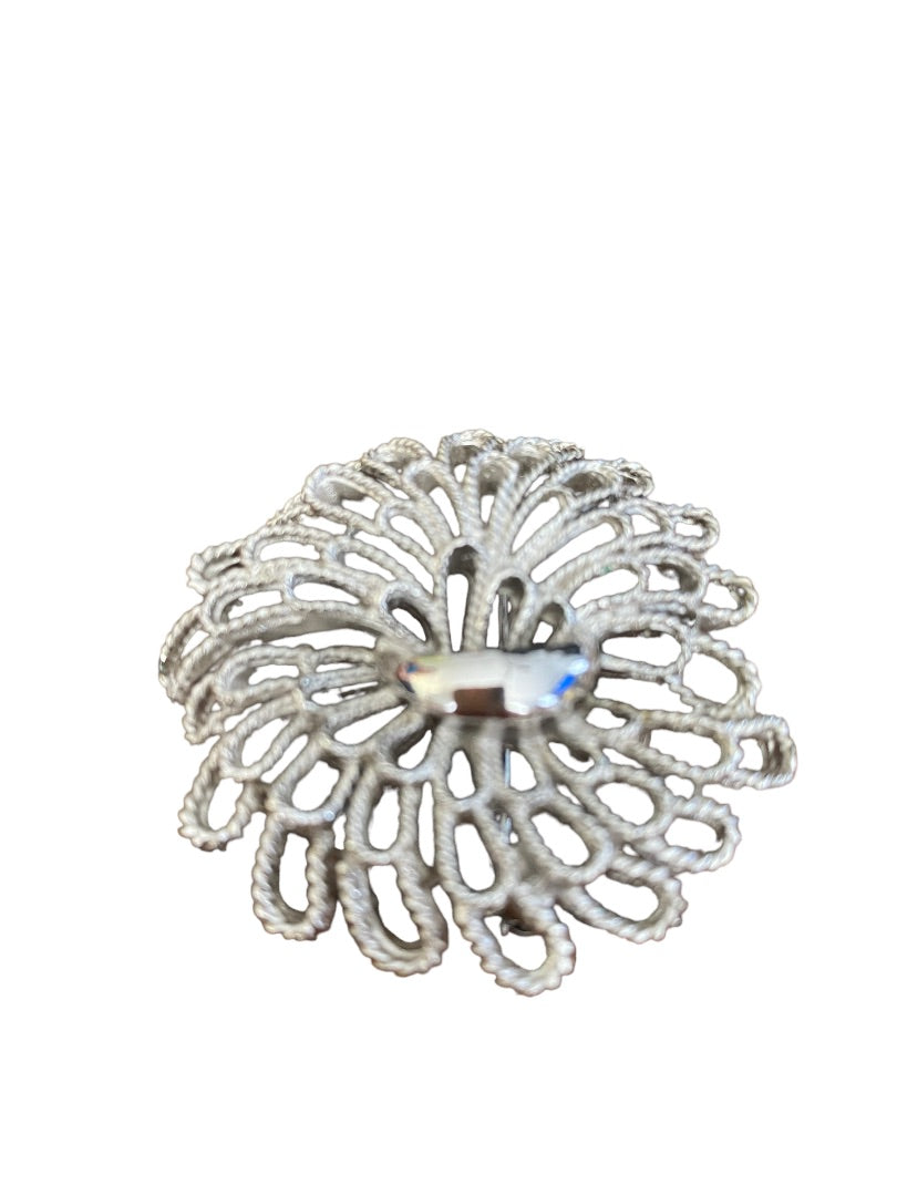 Trifari Silvertone Domed Flower Brooch