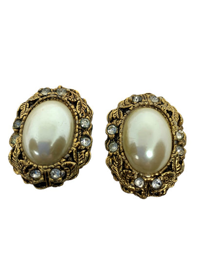 Vintage Clip On Earrings 1" Oval Goldtone with Faux Pearl Rhinestone