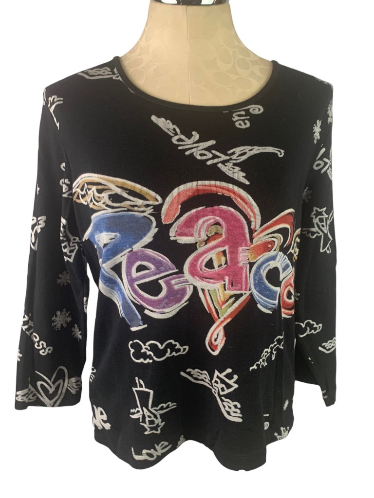 Medium Chico's Women's Black Graphic Print "Peace" 3/4 Sleeve Tshirt