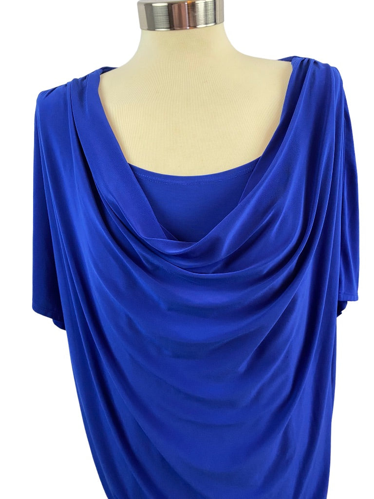 16 Dressbarn Women's Blue Drape Front Pullover Dress Short Sleeve Stretch Fabric