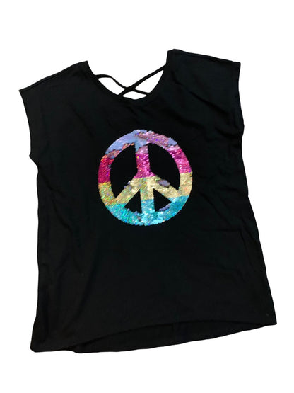 Large (10/12) Old Navy Girls Peace Sign Sequin Black Tshirt Short Sleeve