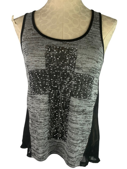 Small Unbranded Black Gray Women's Tank Cross Embellished Sheer Back Top