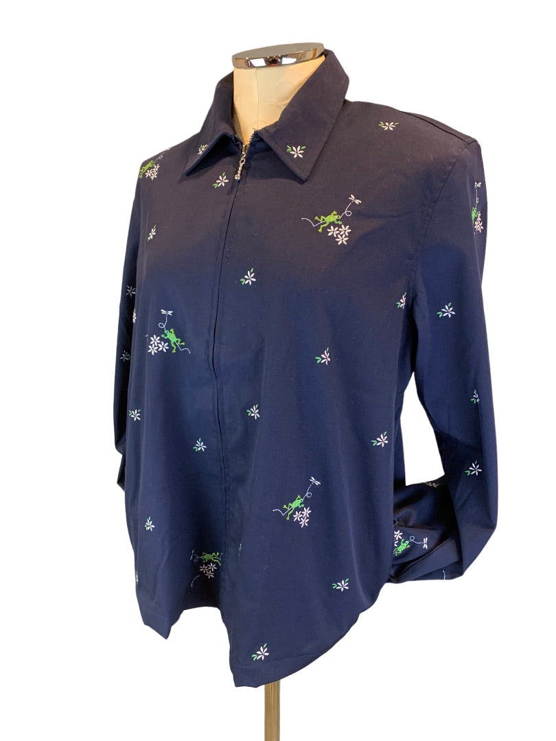 8 Alfred Dunner Women's Navy Blue Full Zip Spring Jacket Navy Blue Embroidered Frogs