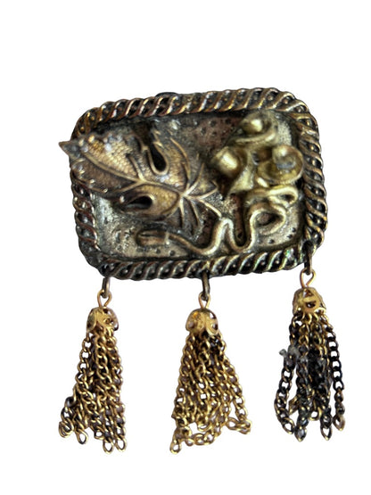 Antiqued Goldtone Rectangle Brooch Leaf and Flower Tassels 2"w x 2.75"l