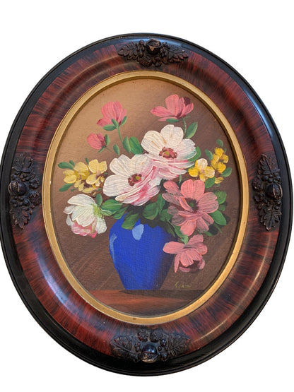 Vintage Framed Oil Painting Still Life Flowers Oval Gesco Studios Philadelphia