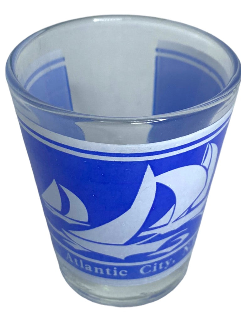 Atlantic City New Jersey Souvenir Shot Glass Blue Sailboats 1.5 oz