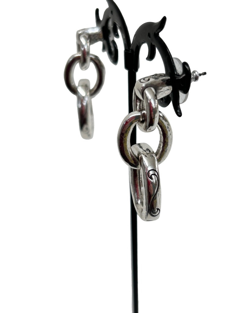 Silvertone Linked Chain Post Pierced Earrings Etched 1 5/8" Drop Dangle