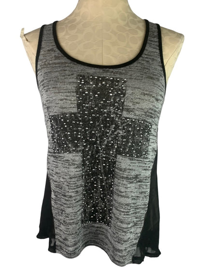 Small Unbranded Black Gray Women's Tank Cross Embellished Sheer Back Top