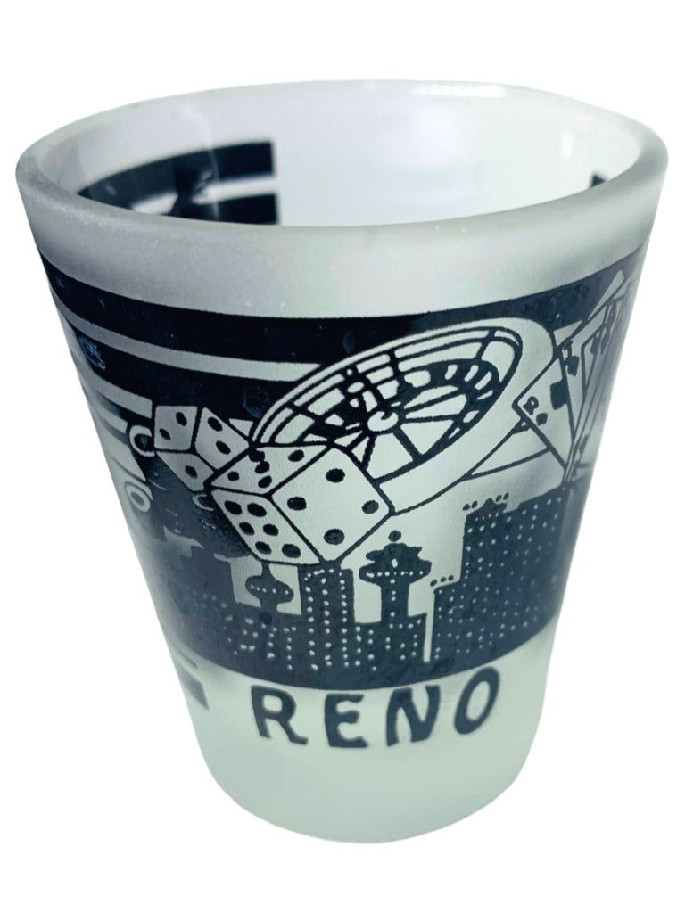 Reno Nevada Frosted Shot Glass Souvenir Barware 2.5"h x 2" Top Diameter