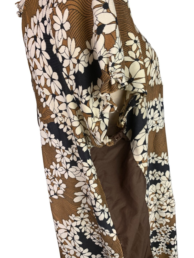 Vintage 1950s Handmade Plus Size Brown Shift Dress Floral Print Knee Length