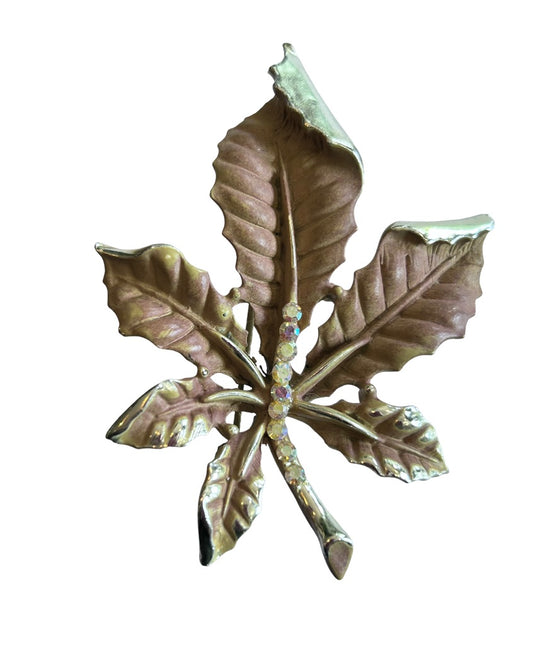 Vintage Signed BSK Goldtone Leaf Brown Painted Rhinestone Detail 2 3/4"