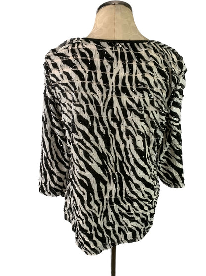 Large Elementz Women's Black White Zebra Print Ruffle Pullover Stretch Top