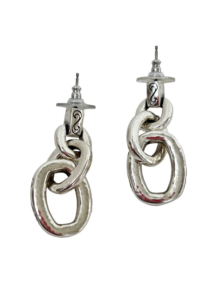 Silvertone Linked Chain Post Pierced Earrings Etched 1 5/8" Drop Dangle