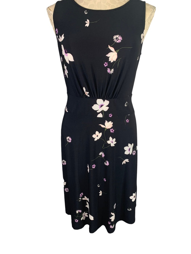 Medium Chaps Women's Floral Print Black Dress Sleeveless Tie Waist Back Zip