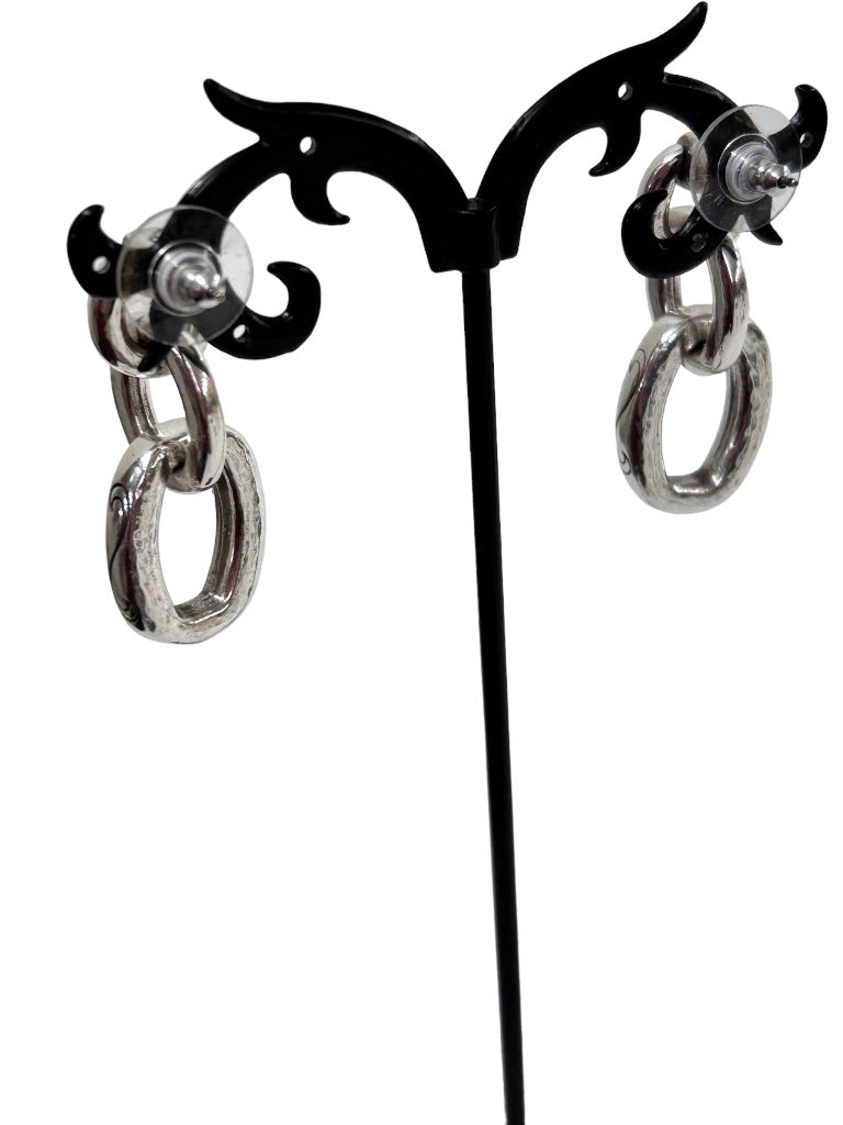 Silvertone Linked Chain Post Pierced Earrings Etched 1 5/8" Drop Dangle