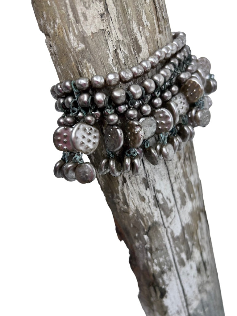 Cuff Bracelet Beaded Design Painted Metallic Brown Color Acrylic Beads Wire Adjustable Fit