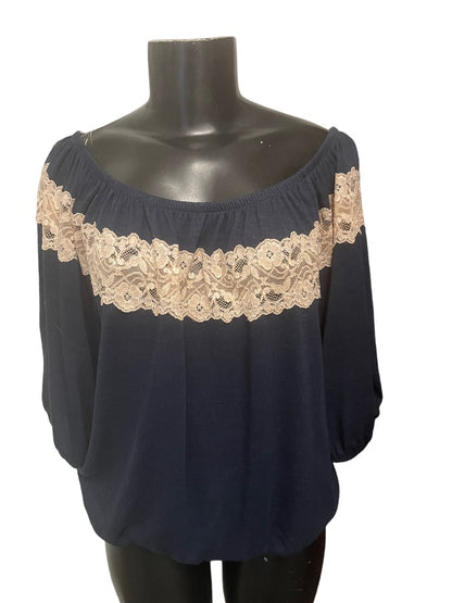 Large Bella D Lace Embellisment Women's Navy Blue Off Shoulder Blouse