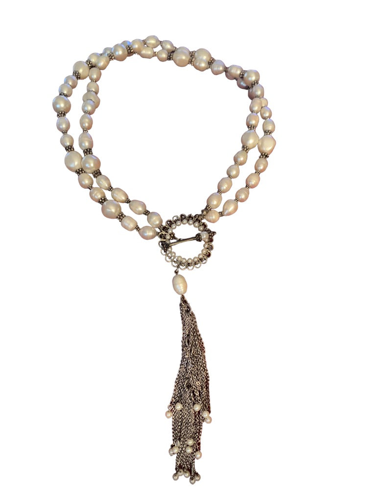 Double Strand Faux Pearl and Freshwater 20" Toggle Clasp Tassel 7"