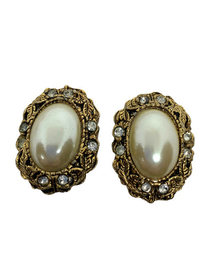 Vintage Clip On Earrings 1" Oval Goldtone with Faux Pearl Rhinestone