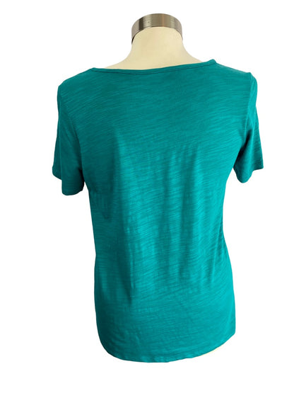 XS DG2 Diane Gilman Women's Teal V-Neck Mesh Paisley Overlay Short Sleeve Tshirt