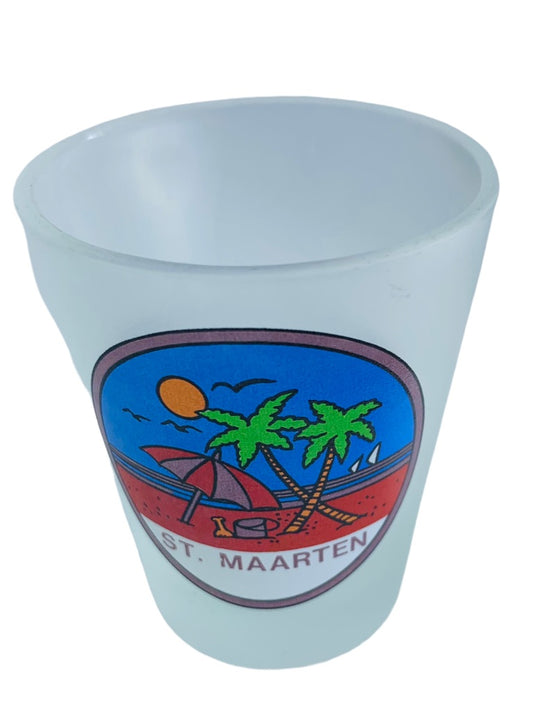 St. Marten Souvenir Shot Glass Frosted Barware Beach Scene Palm Trees