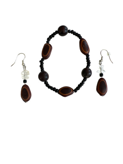 Wood Beaded Stretch Bracelet and Dangle Earrings (2" drop)