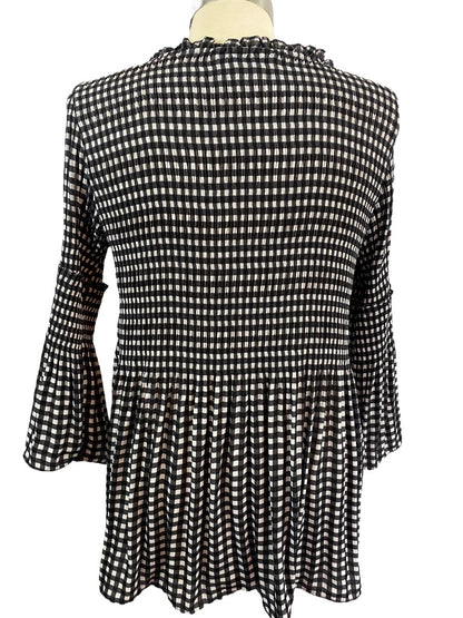 Large Charlie B. Women's Black White Gingham Flounce Blouse V-Neck