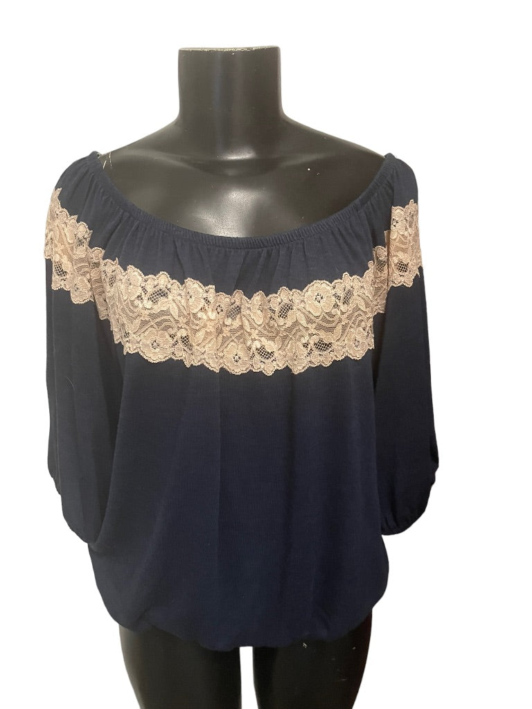 Large Bella D Lace Embellisment Women's Navy Blue Off Shoulder Blouse