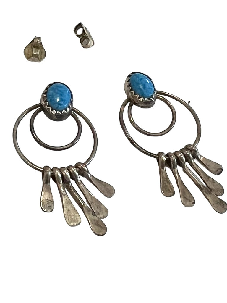 Vinatge Turquoise Tiered hoop Earrings designed with turquoise stone inlay and dangling detail