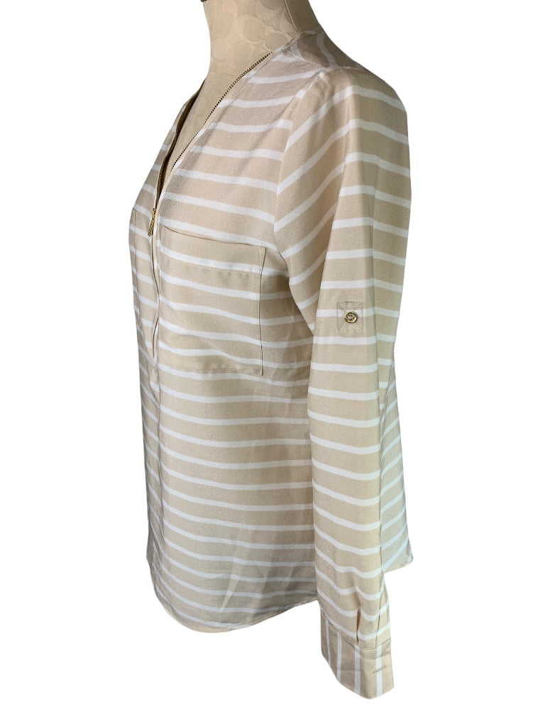 Small Calvin Klein Tan White Stripe 1/2 Zip Slightly Sheer Women's Blouse