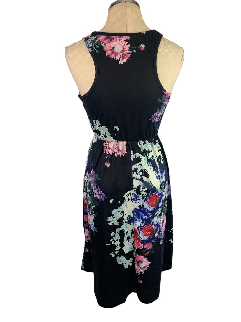 Small Ours Black Dress Sleeveless Jersey Knit Floral Pullover Pockets