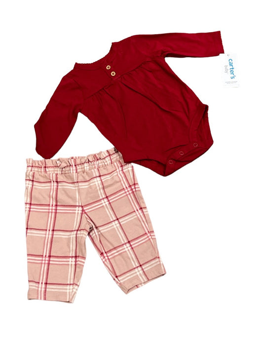 3M Carter's Baby Girls 2 Piece Pant Set Pink Maroon Bodysuit and Plaid Pants