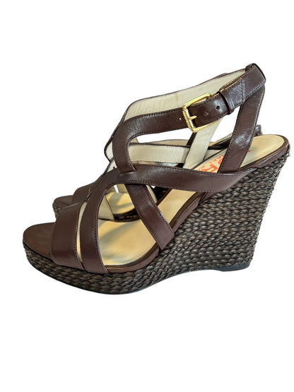 7.5 Kors Michael Kors Brown Wedge Sandal Leather With Braided Raffia Heels