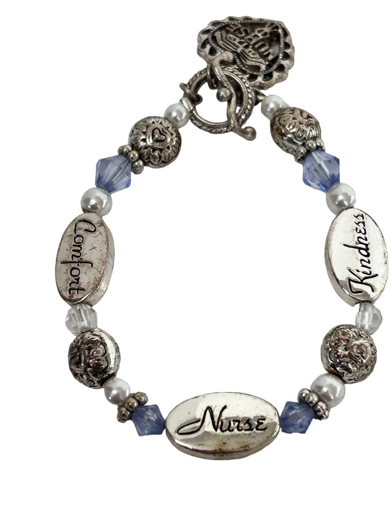 Nurse Silvertone Beaded 7.5" Bracelet Toggle Clasp Kindness Comfort