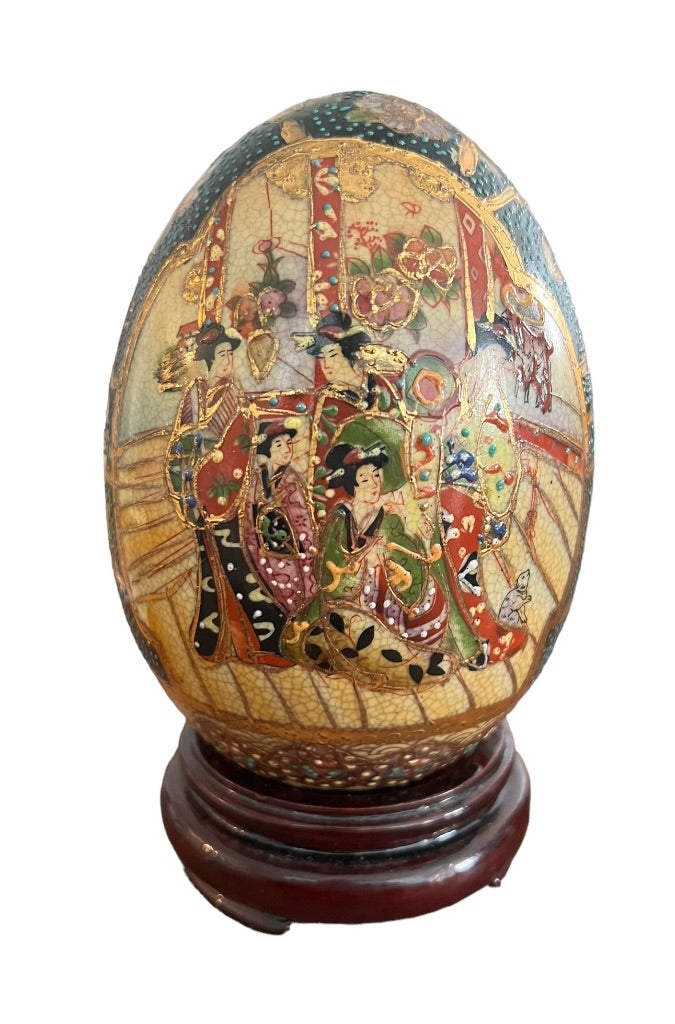 Hand Painted Satsuma Egg Gold Guild Moriage Geisha Girls Crackle Finish W/ Stand 7"