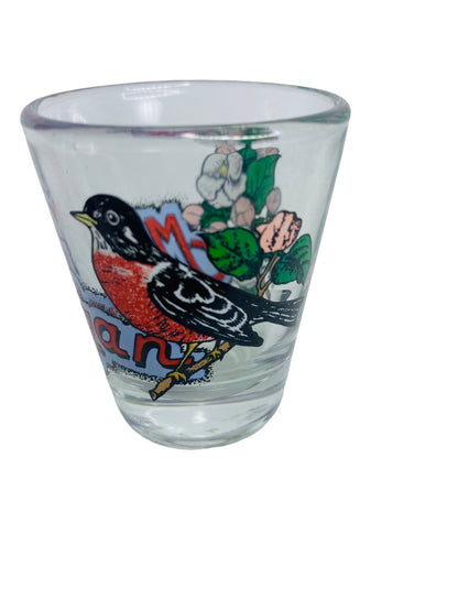 Michigan Souvenir Shot Glass State Bird Robin Apple Blossom Flower Barware