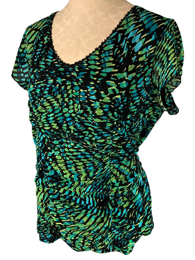 XL Style & Co Women's Green Print V-Neck Pullover Stretch Blouse Sequin Neckline