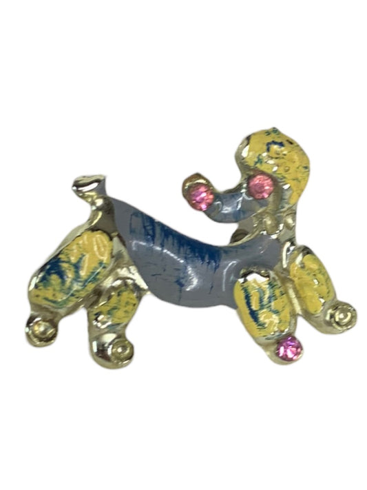 Enameled Petite Poodle Brooch Yellow Blue Missing Stones 1"