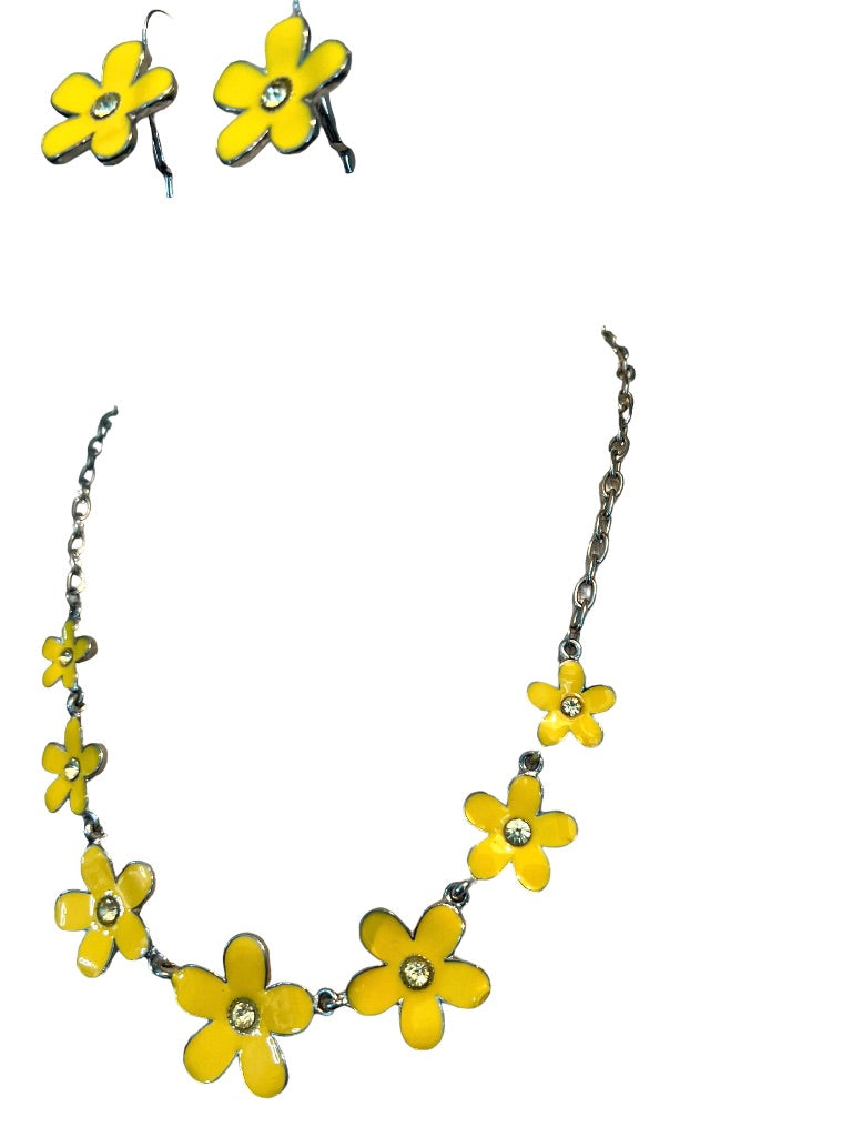 Silvertone Daisy Necklace Earring Set Yellow Enamel 21" - 24"