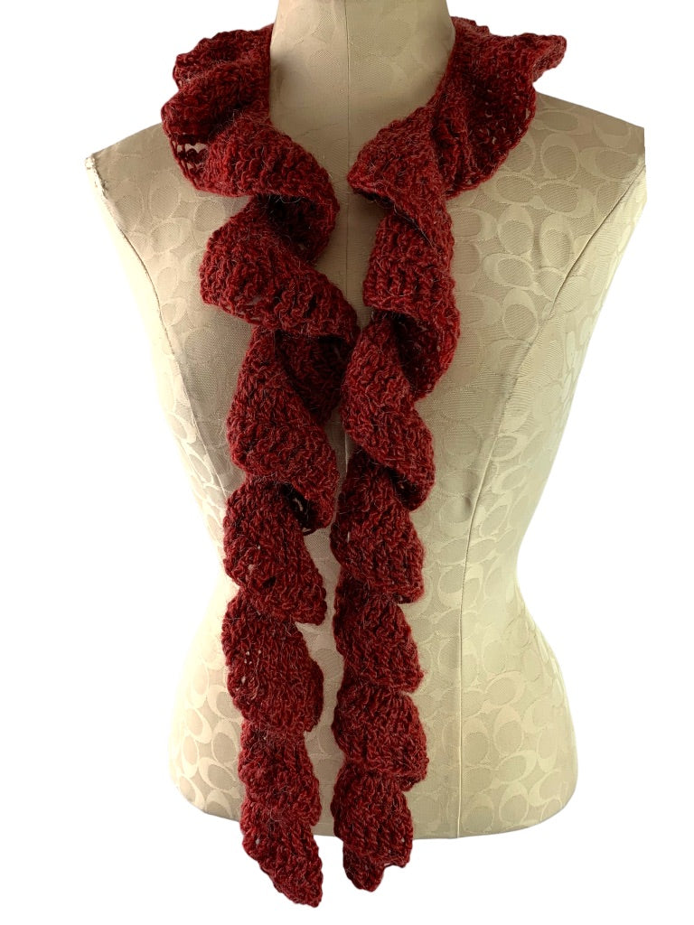 Flounce Crochet Ruffle Scarf Dark Red Fuzzy  57"