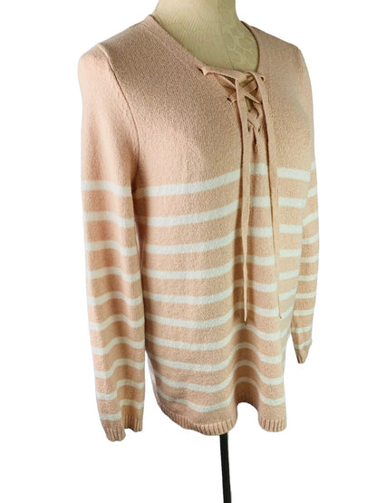 Small Calvin Klein Women's Pink White Stripe Lace Up Neckline Sweater