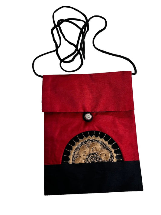 Red Gold Silky Crossbody Travel Bag Embroidered Dressy 6" x 8"