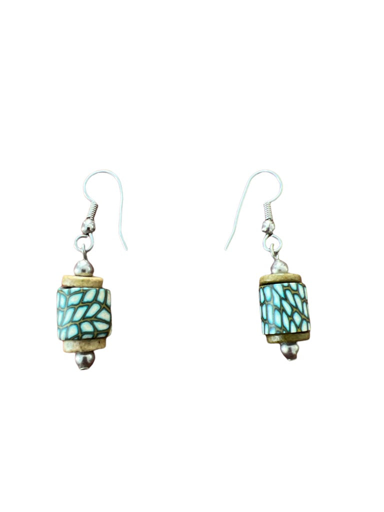 Boho Cylinder Handmade Dangle Earrings Wood Polymer Clay