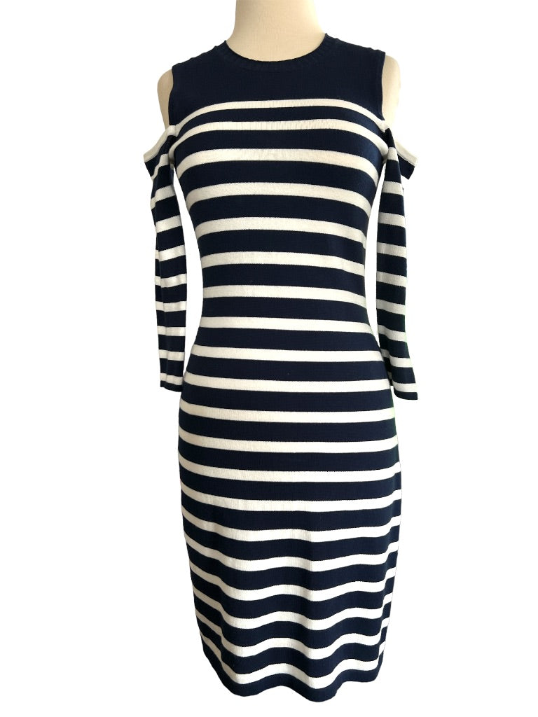 XS Trina Turk Cold Shoulder Sweater Dress Navy White Striped