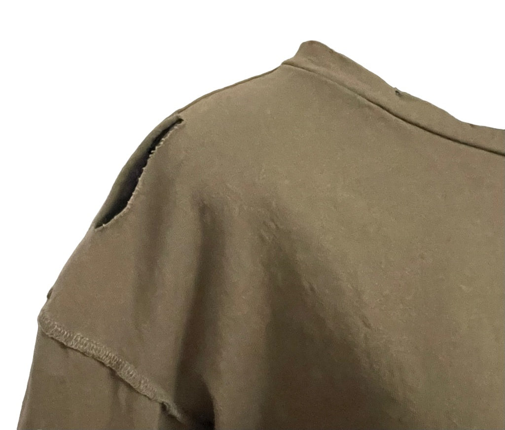 Medium Glam Los Angeles Long Sleeve Distressed Womens Top Olive Green High Low Hem