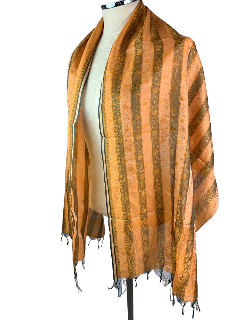 Orange Brown Stripe Fringed Shawl Scarf Lightweight 21" x 67" Floral