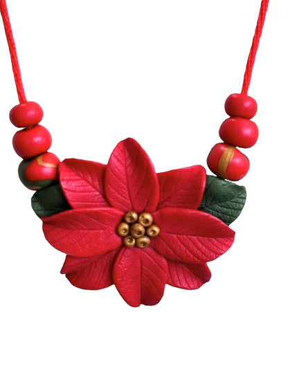 Handmade Polymer Clay Poinsettia Cord Necklace Adustable